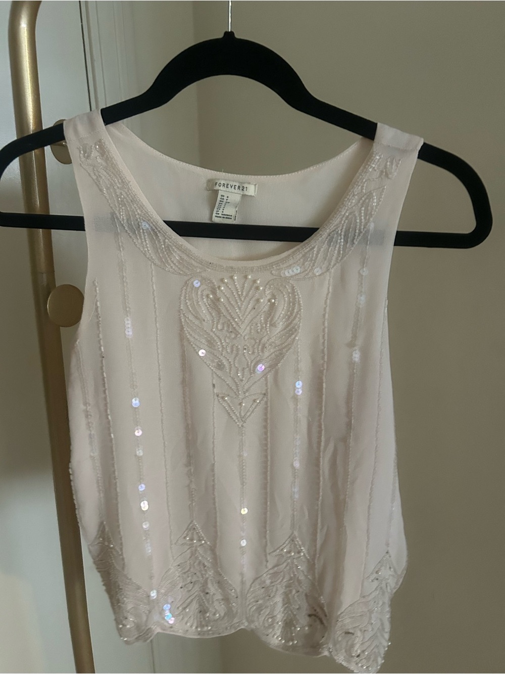 Forever 21 White Beaded Sequin Sleeveless Top Boho Festival Tank Size S